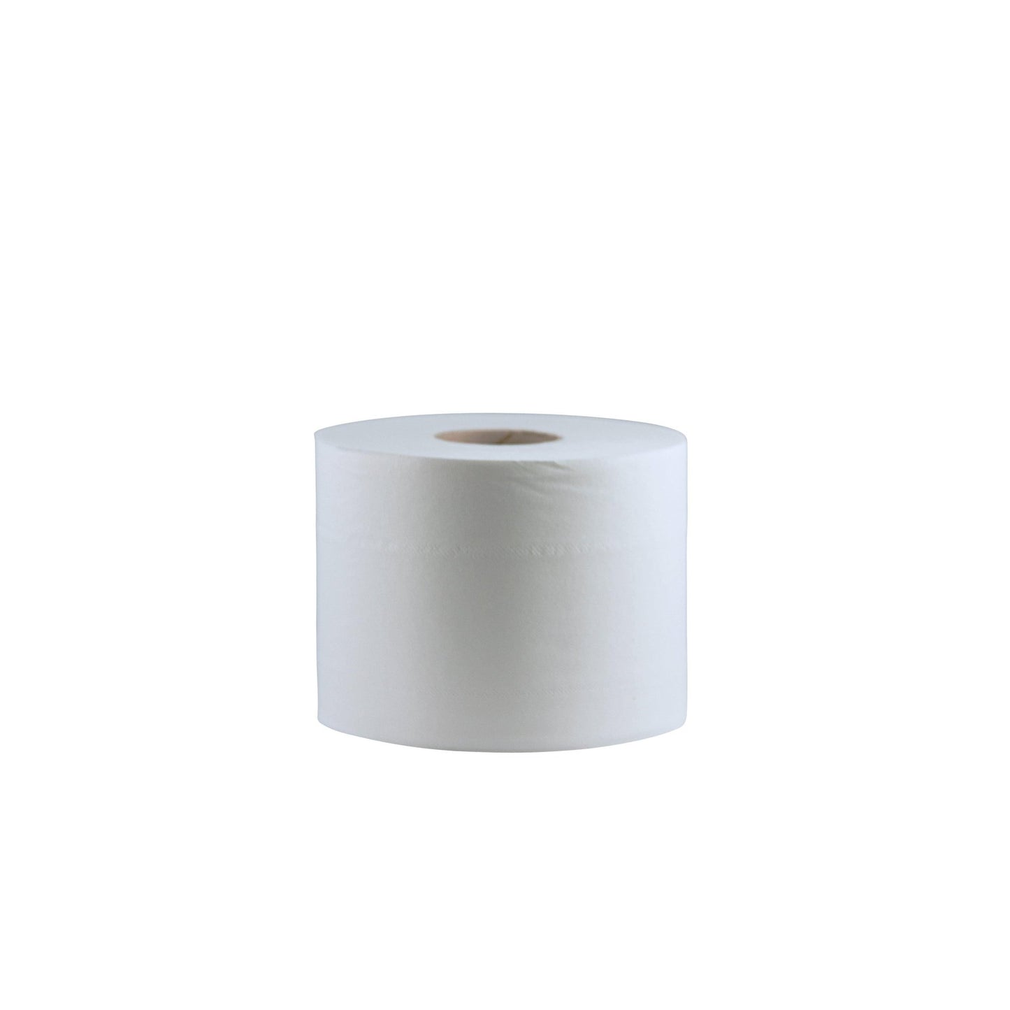 Un seul rouleau de papier toilette CWS Maxi 80, blanc éclatant, 2 plis avec noyau en carton est représenté verticalement sur un fond blanc uni.