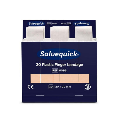 Une boîte de pansements pour doigts en plastique Orkla Wound Care AB, 120 x 20 mm, 30 pièces/M., paquet (6 pièces) avec couvercle ouvert révélant des bandages emballés individuellement.