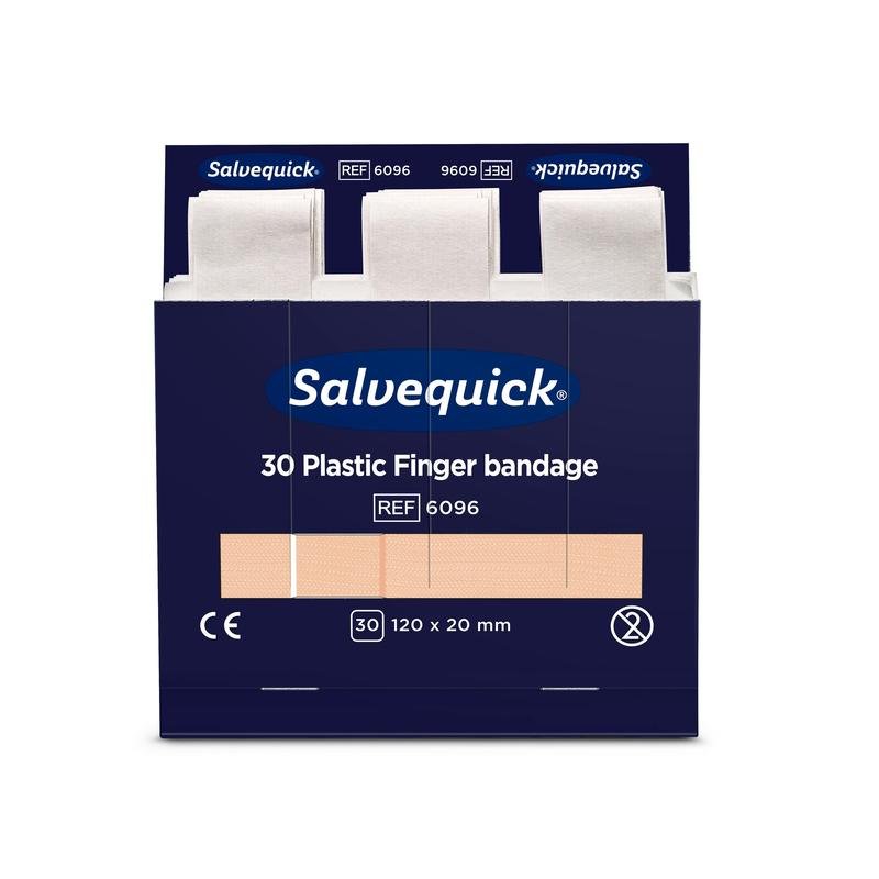 Une boîte bleu-blanc d'Orkla Wound Care AB avec l'inscription "Pansement pour doigt en plastique, 120 x 20 mm, 30 st/mine | Paquet (6 pièces)" avec trois bandages beiges partiellement visibles. Les dimensions et les symboles de certification sont également indiqués sur l'emballage.