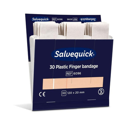 Une boîte bleu-blanc ouverte d'Orkla Wound Care AB avec l'inscription "Pansement pour doigt en plastique, 120 x 20 mm, 30 st/mine | Paquet (6 pièces)" contient des bandages emballés individuellement avec des dimensions : 120 x 20 mm.