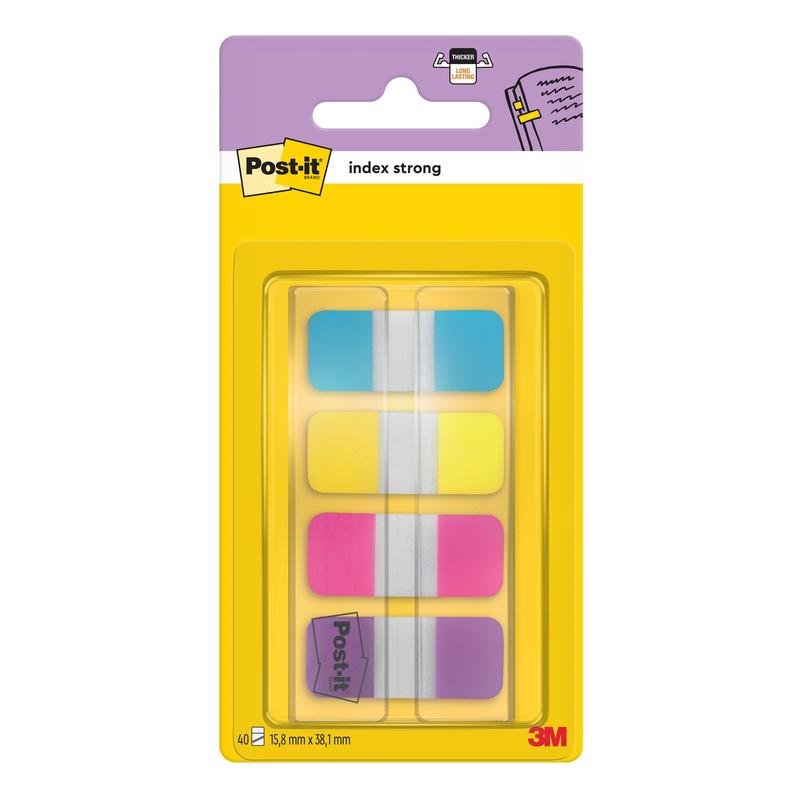 Un paquet de 3M Post-it® Index Strong Onglets de classement, Mini (15,8 mm x 38,1 mm), contient 40 onglets de classement colorés (bleu, violet, rose, jaune) dans un distributeur pour une organisation efficace des documents. De 3M Deutschland GmbH.