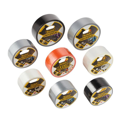 Huit rouleaux de ruban adhésif Scotch® Universal 2904 (25 m x 48 mm) de 3M Deutschland GmbH en noir, argent, blanc et orange sont disposés sur un fond blanc. Chaque rouleau est étiqueté "Universal" ou "Tough".