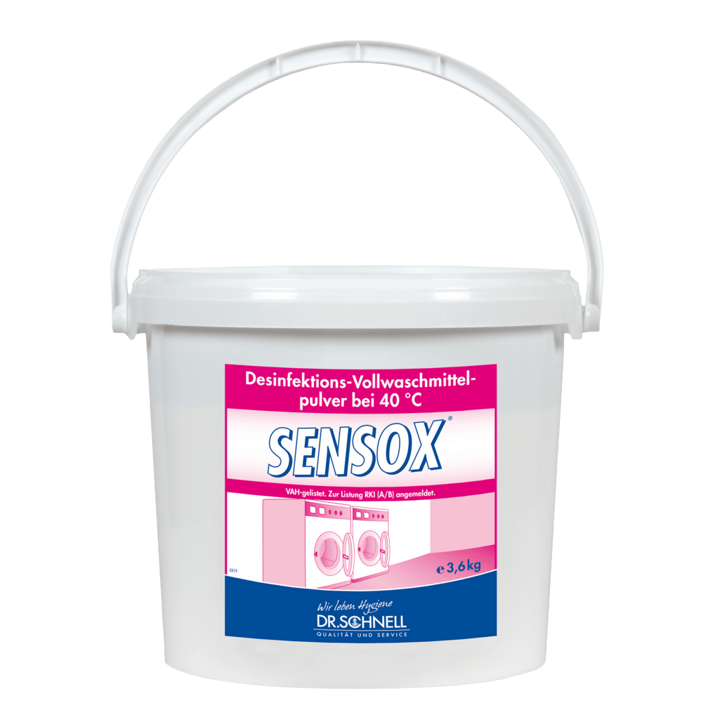 Un seau en plastique blanc de 3,6 kg de Dr. Schnell SENSOX Hygiène du linge, poudre désinfectante sans phosphate, répertoriée VAH, de DR.SCHNELL GmbH & Co. KGaA. L'étiquette allemande montre des machines à laver roses et une poignée pour un transport facile.