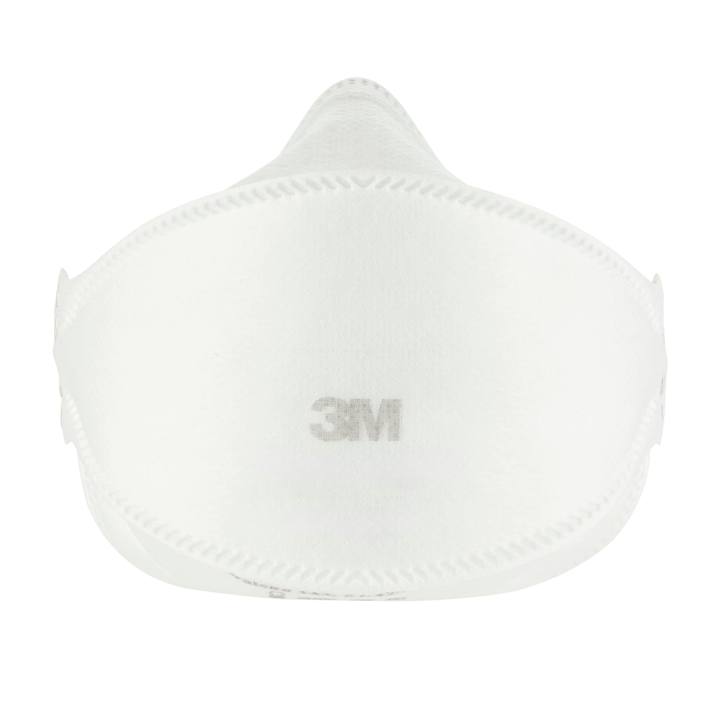 La vue de face du masque de confort à particules 3M™ Aura™ 9320+, FFP2, sans valve (paquet de 5) de 3M Deutschland GmbH montre le design incurvé, les bords surpiqués et le logo central 3M.