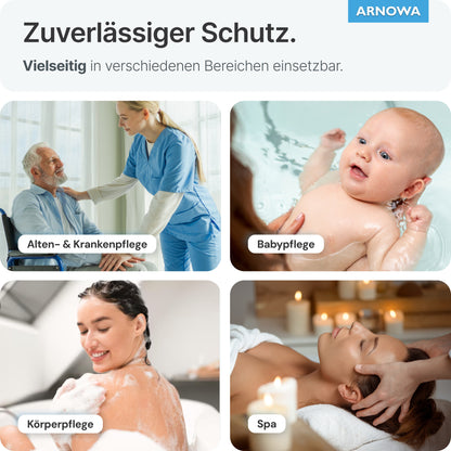Un collage montre une infirmière aidant un homme âgé, un bain de bébé, une femme se lavant l'épaule et un massage bien-être. Le texte "Protection fiable" met en avant les gants de toilette jetables ARNOMED Spunlace avec PE (ARNOWA GmbH), sachet de 50 pièces.