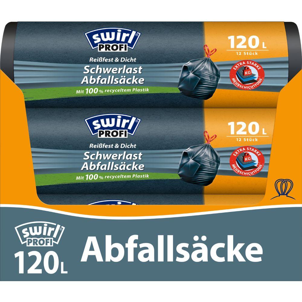 Sont illustrés deux rouleaux de sacs poubelles Swirl sacs lourds professionnels (de Melitta Europa GmbH & Co. KG), chacun 120L avec 12 sacs par rouleau, en plastique recyclé à 100 % dans un emballage bleu et orange.