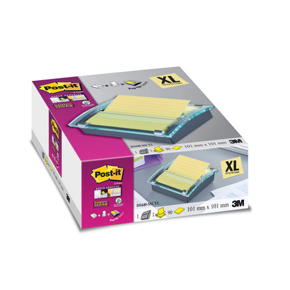 Eine Schachtel Post-it® Z-Notes Dispenser XL, Schwarz von 3M Deutschland GmbH mit einem Super Sticky gelber, linierter Notizblock (101 mm x 101 mm, 90 Blatt) zeigt Produktinfos, Branding und ein Bild des Spenders im Einsatz.