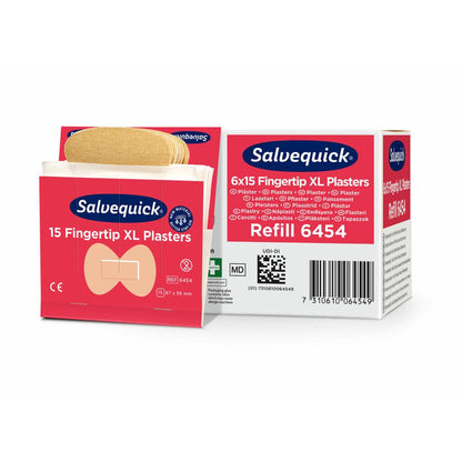 Sont représentés une boîte et un paquet ouvert de pansements textiles pour le bout des doigts Orkla Wound Care AB XL, 15 pièces/Mine | paquet (6 pièces). L'emballage blanc et rouge contient des informations sur le produit et des illustrations de ces pansements flexibles pour le bout des doigts.