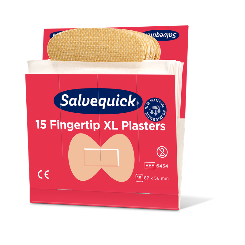 Une boîte ouverte de pansements textiles pour le bout des doigts Orkla Wound Care AB XL, 15 pièces/Mine (paquet de 6 pièces), montre des pansements beiges pour le bout des doigts. La boîte rouge a une taille de 87 x 56 mm et met en avant le design flexible du pansement textile.