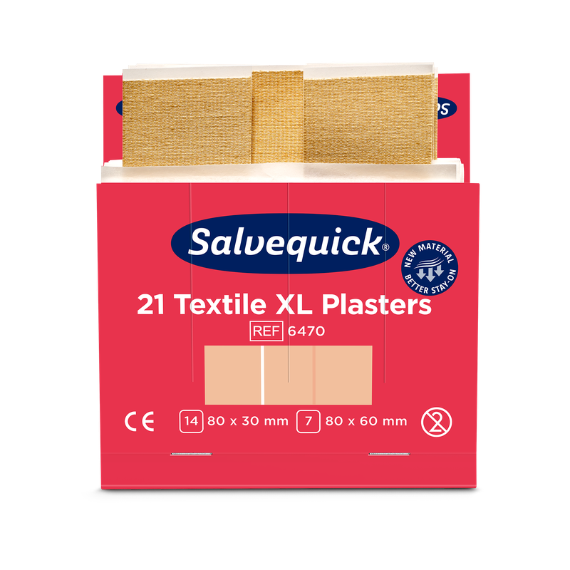 Eine rot-weiße Schachtel mit der Aufschrift "Orkla Wound Care AB Xl textilgips, 21 stück/mine | Packung (6 Stück)" mit zwei beigefarbenen Textilpflastern in den Größen 80 x 30 mm und 80 x 60 mm sowie Produkt- und Zertifizierungsangaben.