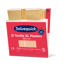 Eine rosa-weiße Schachtel von Orkla Wound Care AB mit der Aufschrift "Xl textilgips, 21 Stück/mine | Packung (6 Stück)" enthält große Gewebepflaster in zwei Größen: 80x30 mm und 80x60 mm. Oben auf der offenen Schachtel sind mehrere beigefarbene Pflaster zu sehen.