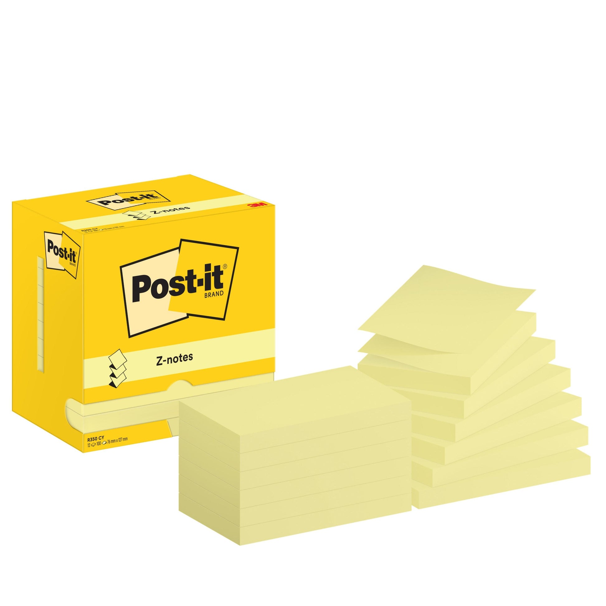 Eine gelbe Schachtel mit der Aufschrift "Post-it® Super Sticky Z-Notes Promotion, 76 mm x 127 mm, 100 Blatt/Block, Kartonverpackung, 100% PEFC" der 3M Deutschland GmbH ist neben zwei ungleichmäßigen Stapeln gelber Z-Notes mit erhabenen Deckblättern auf weißem Hintergrund abgebildet.