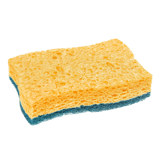 Der Scotch-Brite® Delicate nicht kratzender Naturfaser-Reinigungsschwamm von 3M Deutschland GmbH ist ein rechteckiger gelber Schwamm mit blauer Scheuerseite, abgebildet vor weißem Hintergrund. Packung mit 2 Stück (1 Stück pro Packung).