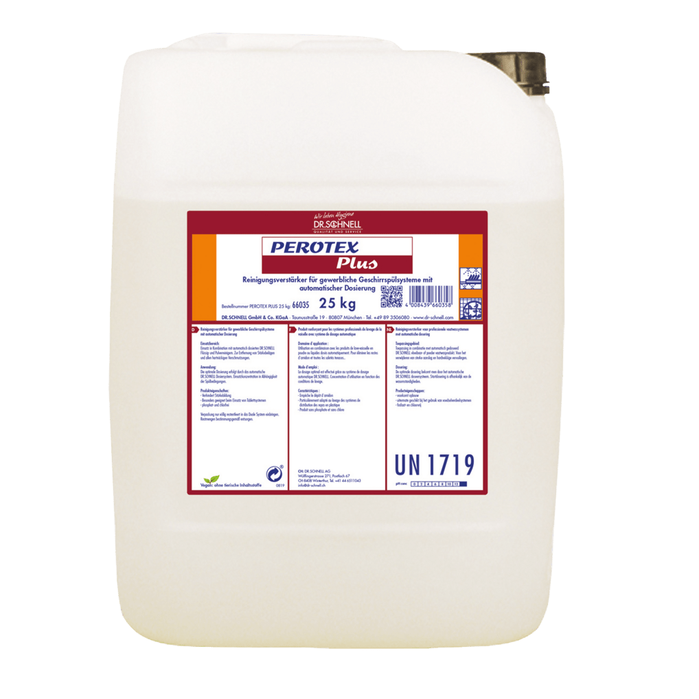 Ein weißer 25 kg Kunststoffbehälter der DR.SCHNELL GmbH & Co. KGaA PEROTEX PLUS Geschirrreiniger für gewerbliche Spülmaschinen ist mit einem rot-weißen deutschen Etikett mit Details und einem schwarzen Schraubverschluss versehen.