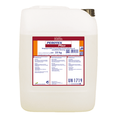 Ein weißer 25 kg Kunststoffbehälter der DR.SCHNELL GmbH & Co. KGaA PEROTEX PLUS Geschirrreiniger für gewerbliche Spülmaschinen ist mit einem rot-weißen deutschen Etikett mit Details und einem schwarzen Schraubverschluss versehen.