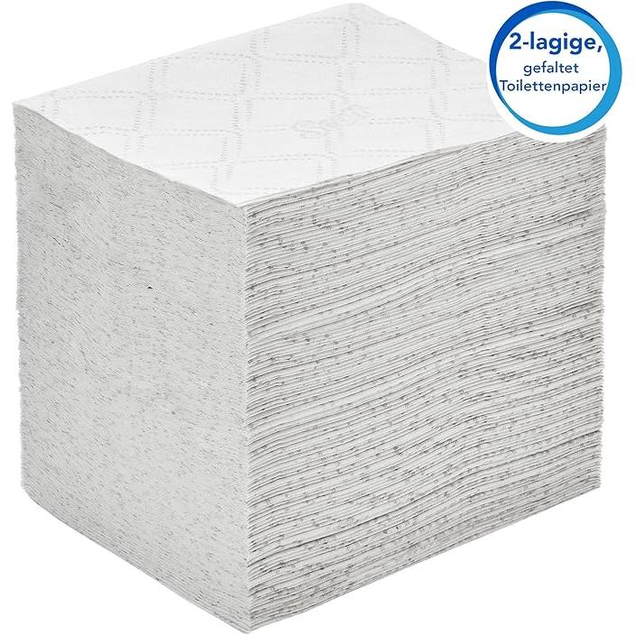 Illustré est une grande pile rectangulaire de papier toilette blanc à deux couches Scott® Control™ système à feuille unique de Kimberly-Clark GmbH. L'emballage contient 36 paquets de 220 feuilles pour un confort durable. Une étiquette indique "Papier toilette plié à 2 couches."