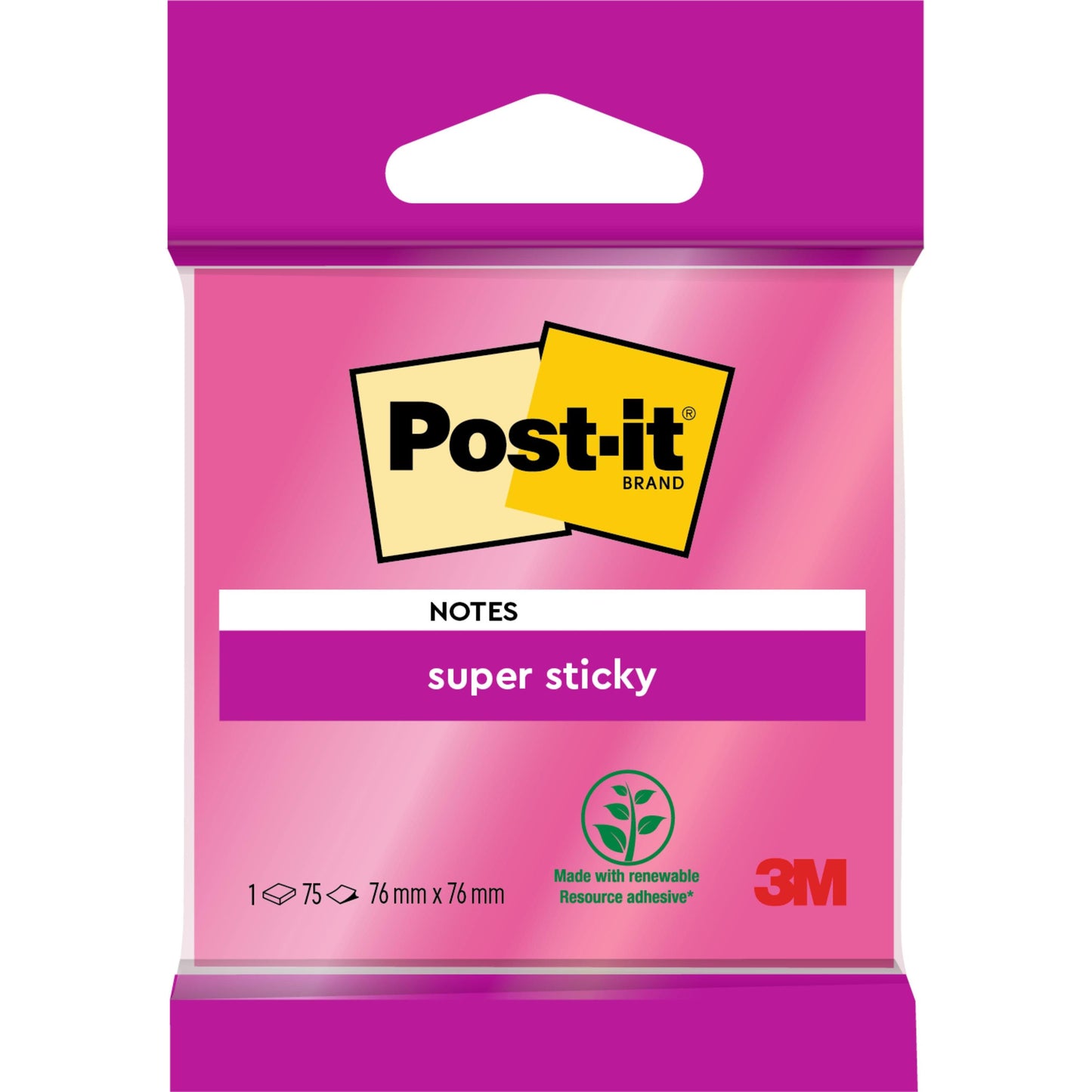 Eine Packung Post-it® Super Sticky Notes 6820S3 von 3M Deutschland GmbH, 76 x 76 mm, in neongrün, neonpink, ultragelb, ultragrün und ultrapink, 1 Block à 75 Blatt, extra starke Klebekraft und 100% PEFC-zertifiziert.