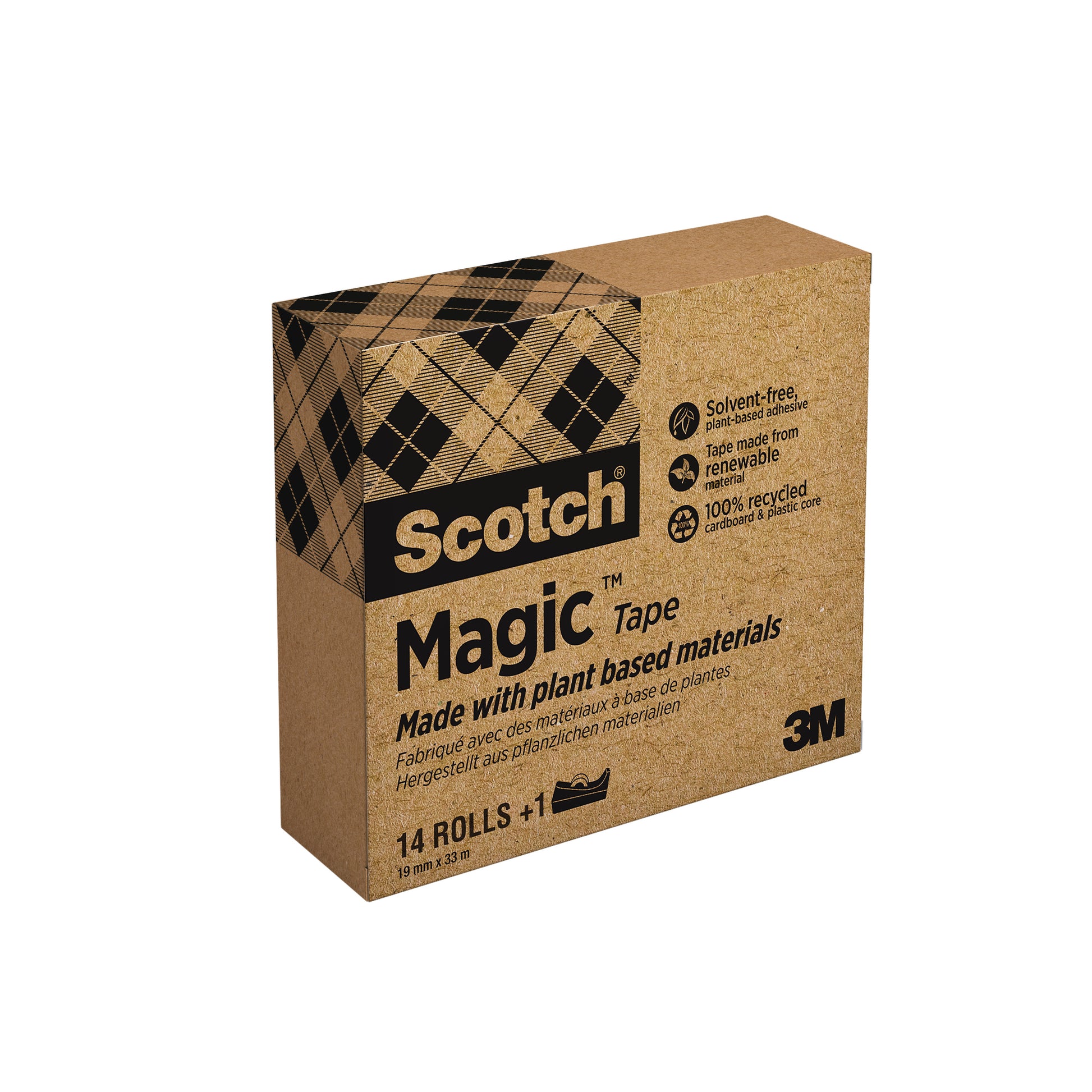 Das Scotch® Magic™ Klebeband 9-1933R von 3M Deutschland GmbH besteht zu 66 % aus pflanzlichem Klebstoff, wird in einer zu 100 % recycelten Verpackung geliefert, enthält 14 Rollen (19 mm x 33 m) sowie einen kostenlosen C38-Abroller und zeichnet sich durch umweltfreundliche Materialien aus.