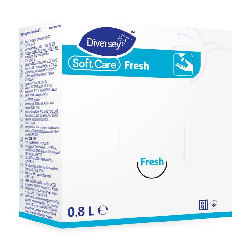 L'image montre une boîte de 0,8 litre principalement blanche de Soft Care Fresh, lotion douce pour les mains de Diversey Deutschland GmbH & Co. OHG avec du texte bleu, des logos de produit et de marque et un symbole de mains lavées pour un nettoyage doux.