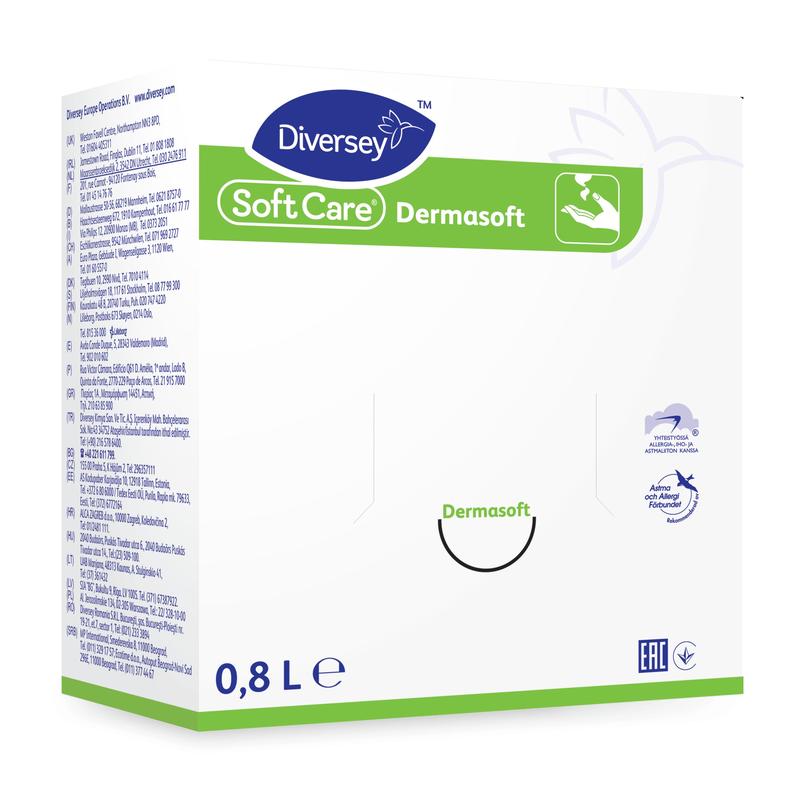 Une boîte blanche portant l'inscription "Soft Care Dermasoft, crème de soin pour la peau, sans parabènes" de Diversey Deutschland GmbH & Co. OHG (800 ml), avec des accents verts et bleus, montre du texte, un logo et des mains sous l'eau; idéal pour les peaux sèches.
