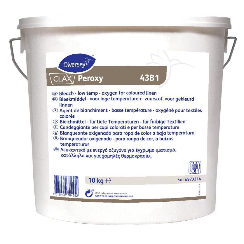 Un seau blanc de 10 kg de Clax Peroxy Blanchissant de Diversey Deutschland GmbH & Co. OHG, à base d'oxygène pour le linge coloré à basse température, étiquette multilingue et symboles, poignée grise.