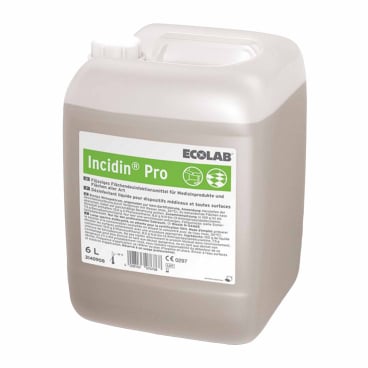 Un bidon de 6 litres de désinfectant Incidin Pro d'Ecolab dans un emballage d'origine avec une étiquette blanche et du texte vert et noir sur fond blanc.