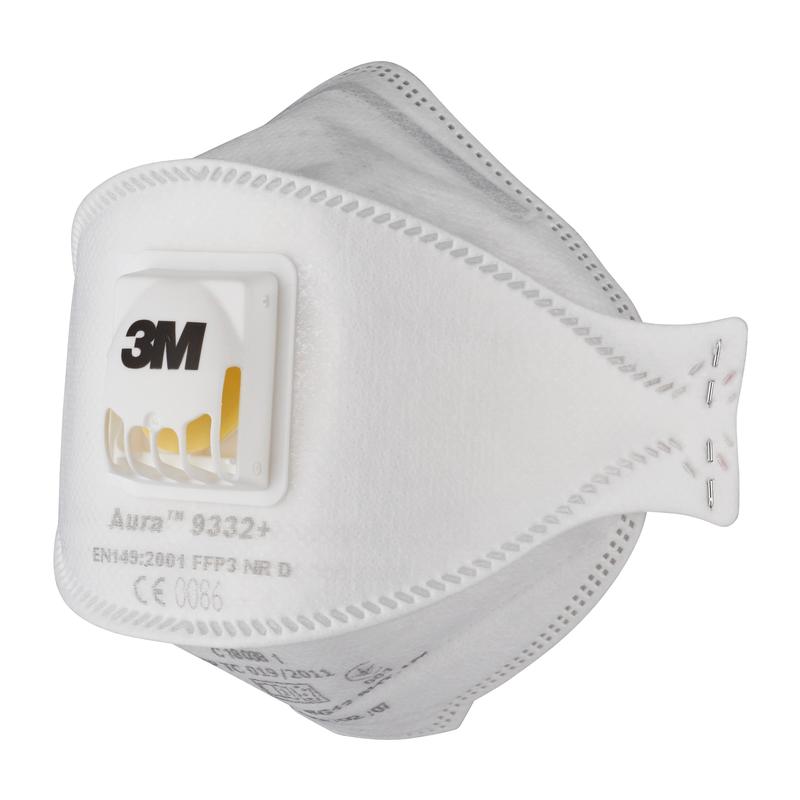 Le masque anti-particules 3M™ Aura™ Comfort Cool Flow™ 9332+, FFP3, avec valve de 3M Deutschland GmbH est un masque facial blanc avec une valve d'expiration jaune, façonné pour le nez et la bouche et avec des informations de produit et de certification imprimées.