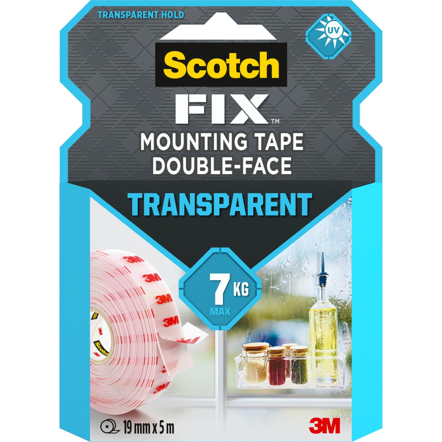 Scotch-FIX™ Transparentes doppelseitiges Montageband 4910C von 3M Deutschland GmbH, 19 mm x 5 m, hält bis zu 7 kg. Die Verpackung zeigt eine Rolle Klebeband und Gläser auf einem Fensterbrett.