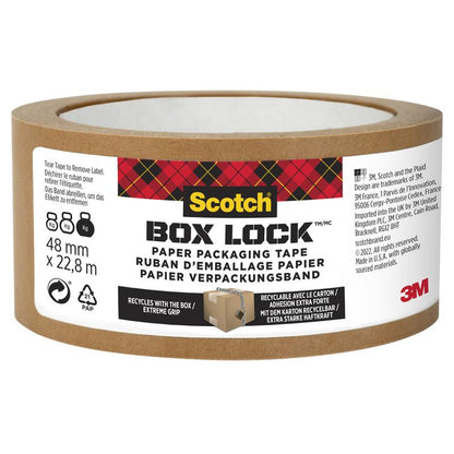 Un rouleau de 48 mm x 22,8 m de ruban d'emballage en papier Scotch® Box Lock™ de 3M Deutschland GmbH, avec des informations sur le produit et le recyclage en allemand, anglais et français sur l'étiquette.