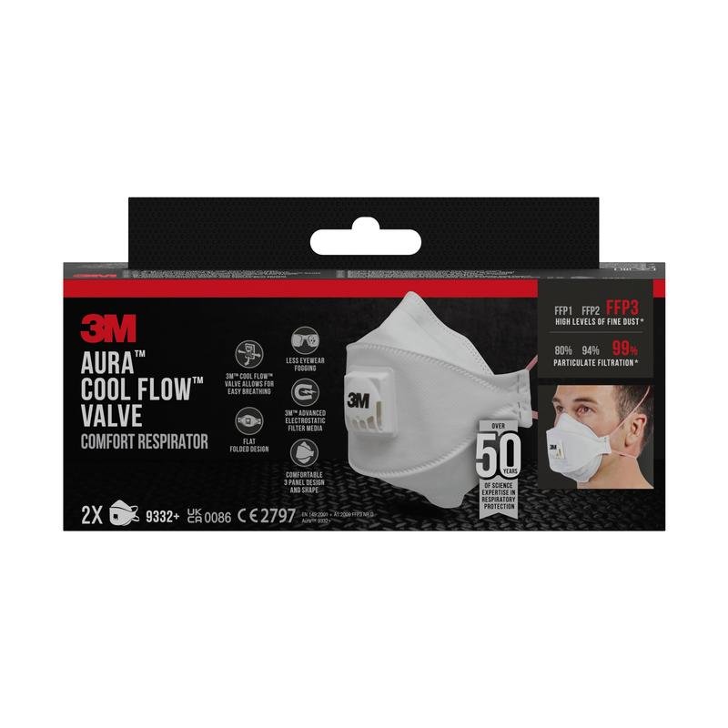 Une boîte rectangulaire noire du masque respiratoire à particules 3M™ Aura™ Comfort Cool Flow™ 9332+, FFP3, avec valve de 3M Deutschland GmbH montre des images du masque blanc et du porteur et met en avant les caractéristiques du produit et la certification.