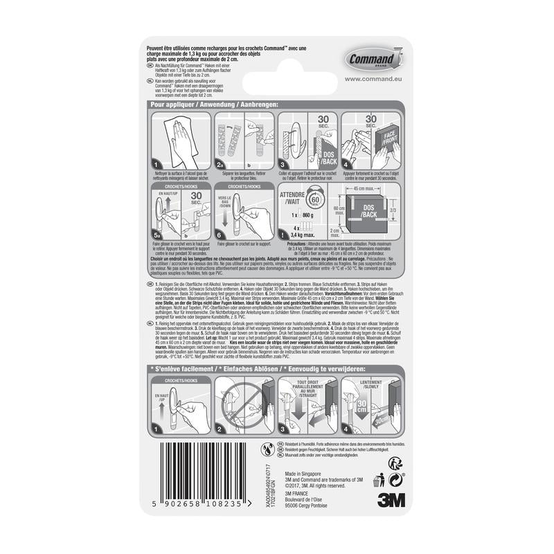 Les bandes Command™ 17021B, imperméables (taille M, 10/paquet) de 3M Deutschland GmbH disposent d'instructions d'utilisation illustrées, de consignes de sécurité, de texte multilingue, de code-barres et du logo 3M - idéal pour une fixation sans perçage dans la salle de bain.
