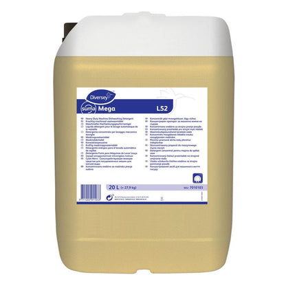 Un conteneur en plastique de 20 litres de Diversey Deutschland GmbH & Co. OHG Suma Mega L52 détergent pour vaisselle pour eau douce, avec un couvercle blanc et une étiquette bleu-blanc avec des détails sur le produit et un mode d'emploi multilingue.