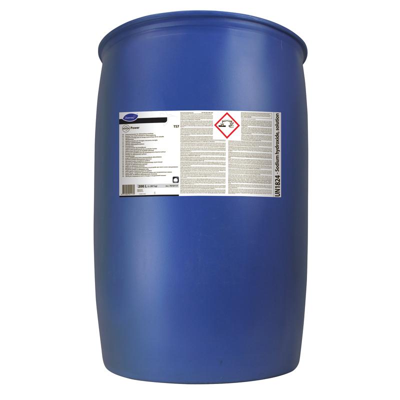 Un grand tonneau industriel bleu de Diversey Deutschland GmbH & Co. OHG avec un avertissement contient Suma Power T57 Alkalibooster pour systèmes de lavage de vaisselle automatique, un puissant détergent pour systèmes de lavage de vaisselle professionnels.