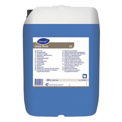 Un conteneur de 20 litres en plastique bleu avec Suma Rinse A5 – Agent de rinçage neutre de Diversey Deutschland GmbH & Co. OHG, avec un couvercle blanc et une étiquette multilingue pour des résultats sans traces et des dépôts de calcaire réduits.