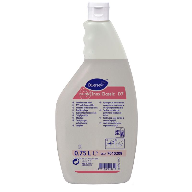La bouteille de 750 ml de Suma Inox Classic D7 Entretien de l'acier inoxydable (huileux) de Diversey Deutschland GmbH & Co. OHG, offre un éclat étincelant et une protection contre la corrosion pour l'acier inoxydable, avec une étiquette comportant des instructions, des symboles d'utilisation et un bouchon blanc.