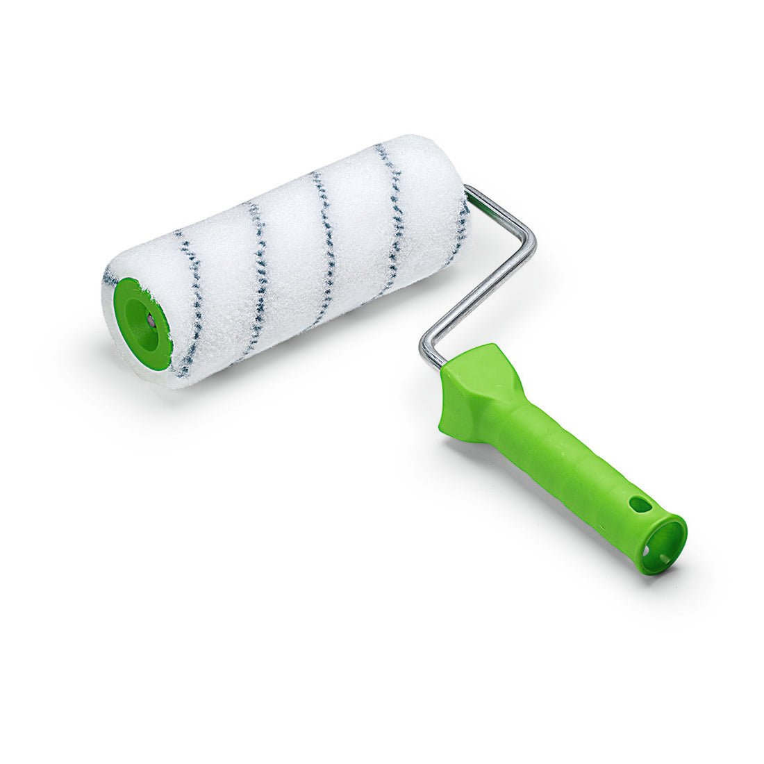 Le rouleau à peinture en nylon Nölle Profi Brush 18 cm, hauteur de poil 13 mm de Nölle Profi Brush Bürsten- & Pinseltechnik e.K. est idéal pour la peinture professionnelle. Il a un manteau blanc avec des rayures noires et une poignée verte - sur fond blanc.