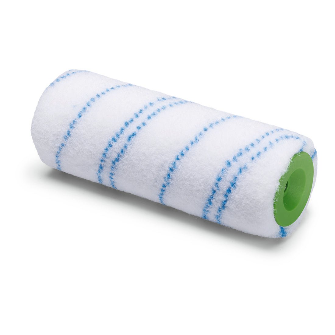 Le rouleau de peinture en nylon Nölle Profi Brush 18 cm, Ø 48 mm, hauteur de poil 6 mm de Nölle Profi Brush Bürsten- & Pinseltechnik e.K. est représenté sur fond blanc avec des rayures bleues et un noyau vert, conçu pour les meilleurs résultats de peinture.