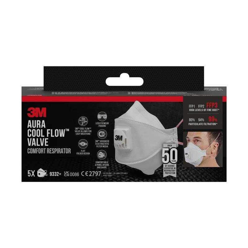 Un paquet de masques respiratoires à particules 3M™ Aura™ Comfort Cool Flow™ 9332+ de 3M Deutschland GmbH, certifié FFP3 avec valve, illustré avec des images de produit et de porteur. La boîte contient 5 masques par paquet avec une efficacité de filtration allant jusqu'à 99 %.