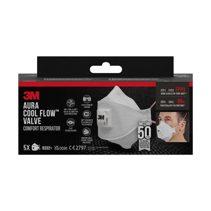 Un paquet de masques respiratoires à particules 3M™ Aura™ Comfort Cool Flow™ 9332+ de 3M Deutschland GmbH, certifié FFP3 avec valve, illustré avec des images de produit et de porteur. La boîte contient 5 masques par paquet avec une efficacité de filtration allant jusqu'à 99 %.