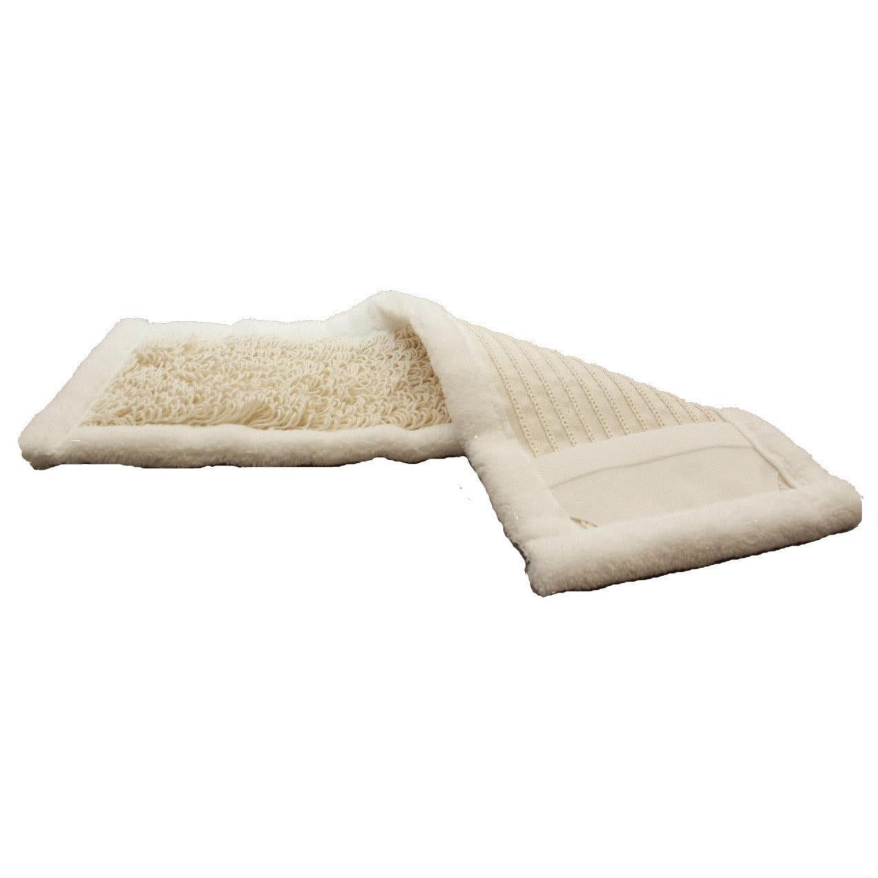 Un textile de nettoyage rectangulaire blanc avec des bords extérieurs en microfibre et une face intérieure en mélange coton/polyester, tufté en boucles pour une absorption optimale de la saleté et une bonne glisse, compatible avec le TASKI Multimop Combi 50 de Diversey Deutschland GmbH & Co. OHG.