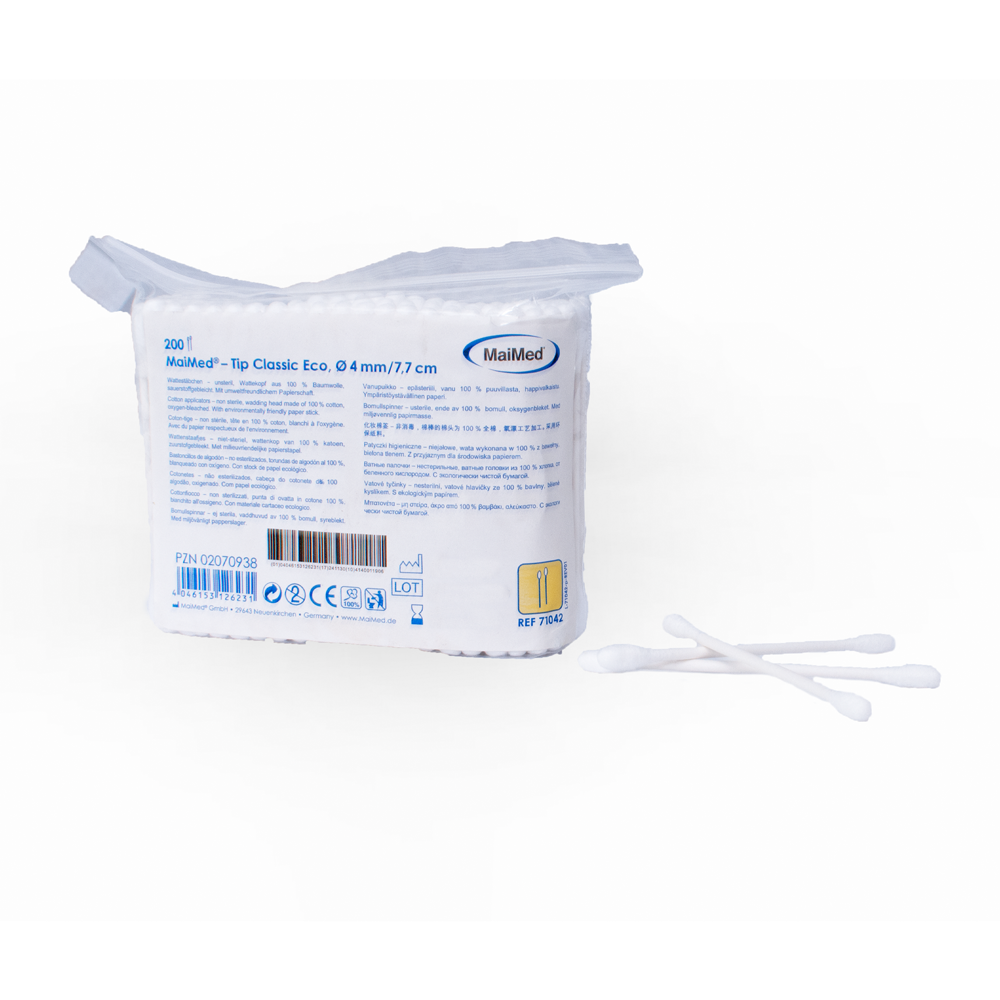 MaiMed -Tip Classic ECO (petite tête) cotons-tiges non stériles, bâton en carton, 200 pièces/sachet | Paquet (200 pièces)