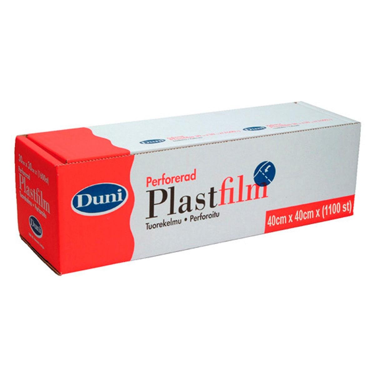 Une boîte rectangulaire de film alimentaire perforé de Duni GmbH, étiquetée en suédois, avec un emballage rouge et blanc et un logo bleu ; contient un rouleau de film PVC transparent (40cm x 440m, 1100 feuilles), idéal pour une utilisation dans la restauration.