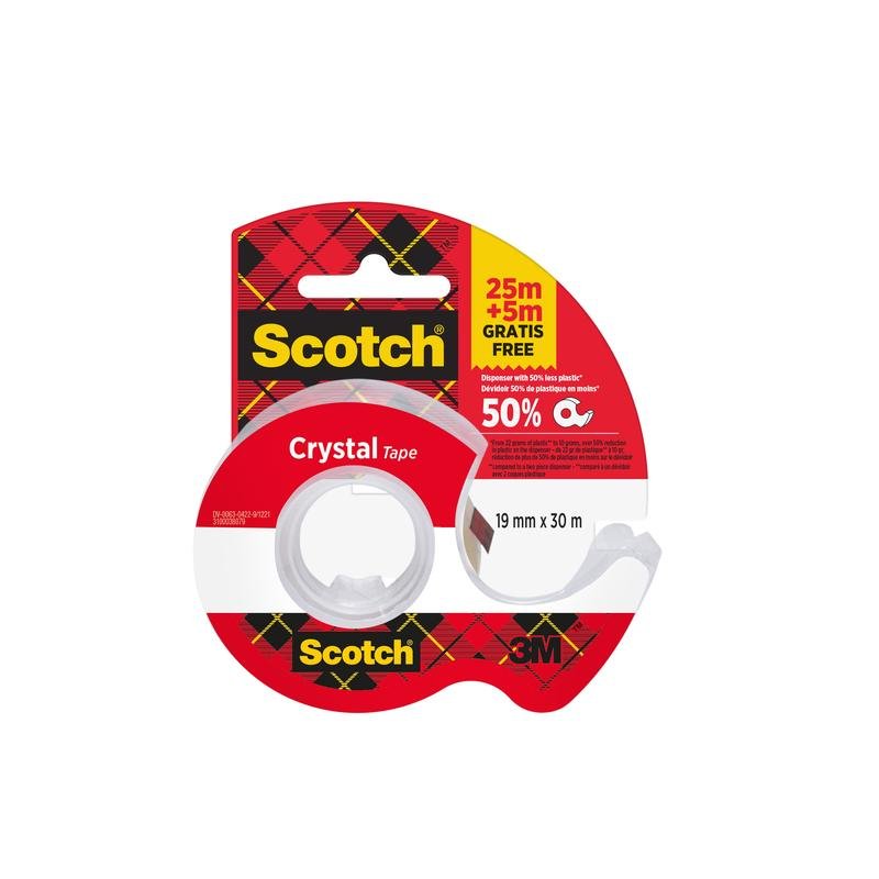 Un rouleau de ruban adhésif Scotch® Crystal (19mm x 25m) plus 5m GRATUIT sur un dévidoir manuel, de 3M Deutschland GmbH, dans un distributeur transparent avec un emballage classique rouge et jaune.