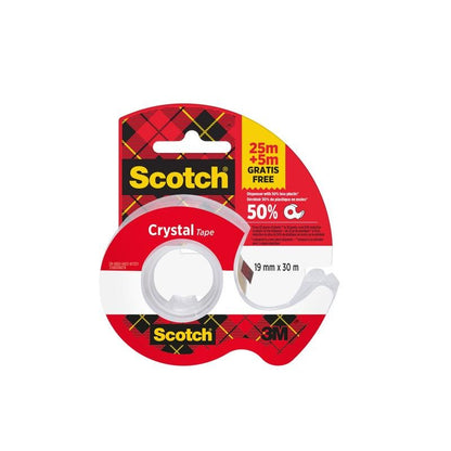 Un rouleau de ruban adhésif Scotch® Crystal (19mm x 25m) plus 5m GRATUIT sur un dévidoir manuel, de 3M Deutschland GmbH, dans un distributeur transparent avec un emballage classique rouge et jaune.