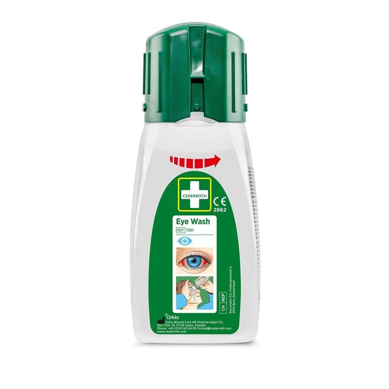 Le modèle de poche de rinçage pour les yeux Cederroth 235 ml de Orkla Wound Care AB a un bouchon vert et une étiquette illustrée pour une application de premiers secours rapide, idéal pour le traitement des blessures oculaires. Chaque paquet contient 235 bouteilles.