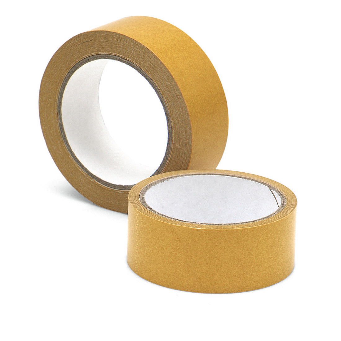 Zwei Rollen Nölle Profi Brush Teppichboden-Klebeband (25 m x 50 mm, stark und langlebig) von Nölle Profi Brush Bürsten- & Pinseltechnik e.K., eine hochkant und eine flach, perfekt für die professionelle Teppichinstallation, auf weißem Untergrund.