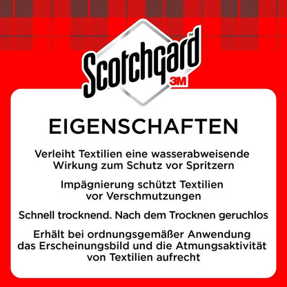L'étiquette du produit du spray imperméabilisant pour textiles Scotchgard™ (400 ml, 3M Deutschland GmbH) affiche le logo Scotchgard 3M et une description en allemand sur la protection hydrofuge, la défense contre les taches et la respirabilité.