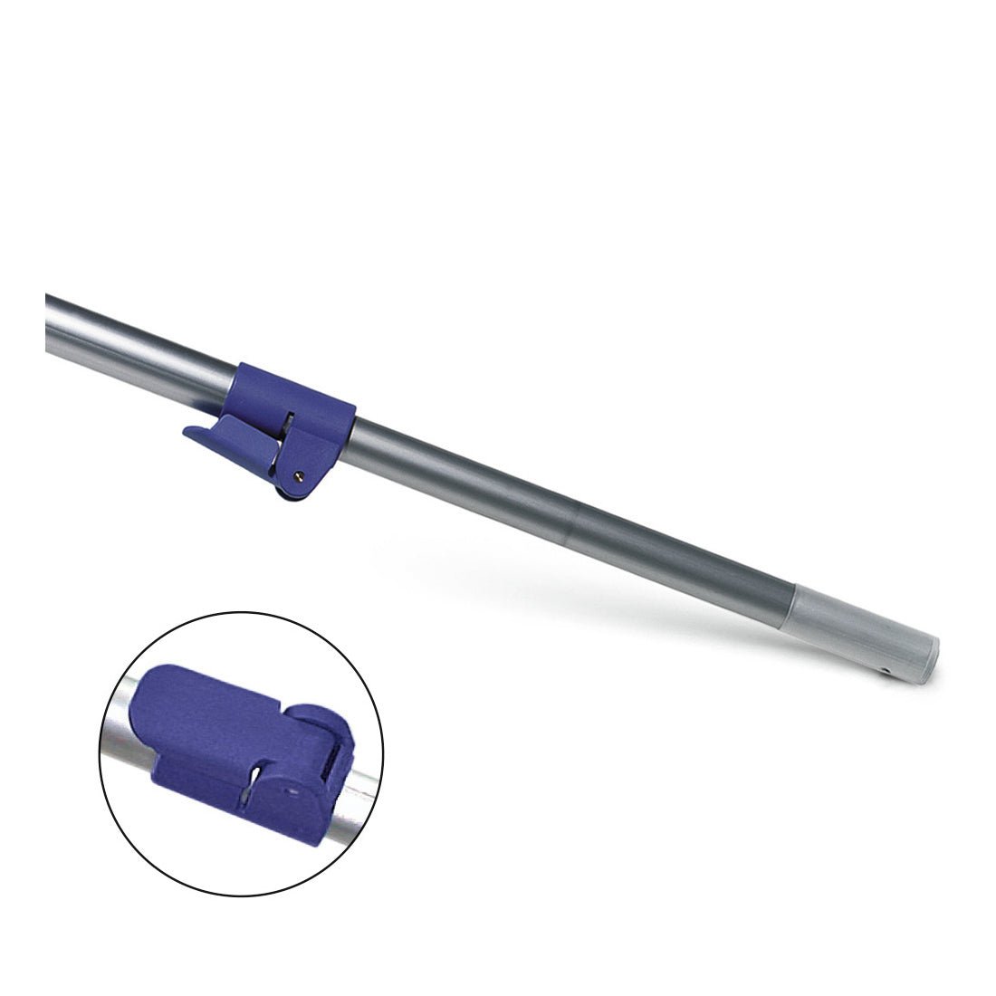 La poignée télescopique en aluminium Nölle Profi Brush (max. 150 cm, Ø 25/22 mm) de Nölle Profi Brush Bürsten- & Pinseltechnik e.K. dispose d'un verrouillage en plastique bleu, qui est déployé et montré en gros plan pour mettre en évidence le détail du Profi Brush.