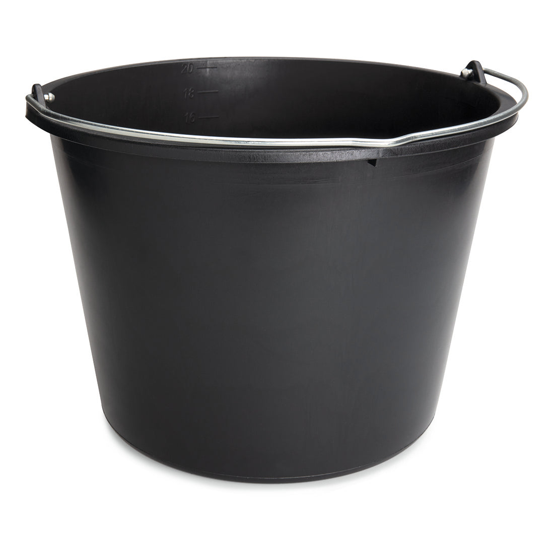 Der Nölle Profi Brush Baueimer aus schwarzem Kunststoff mit Metalltragegriff und Innen-Skala von Nölle Profi Brush Bürsten- & Pinseltechnik e.K. steht auf weißem Hintergrund.