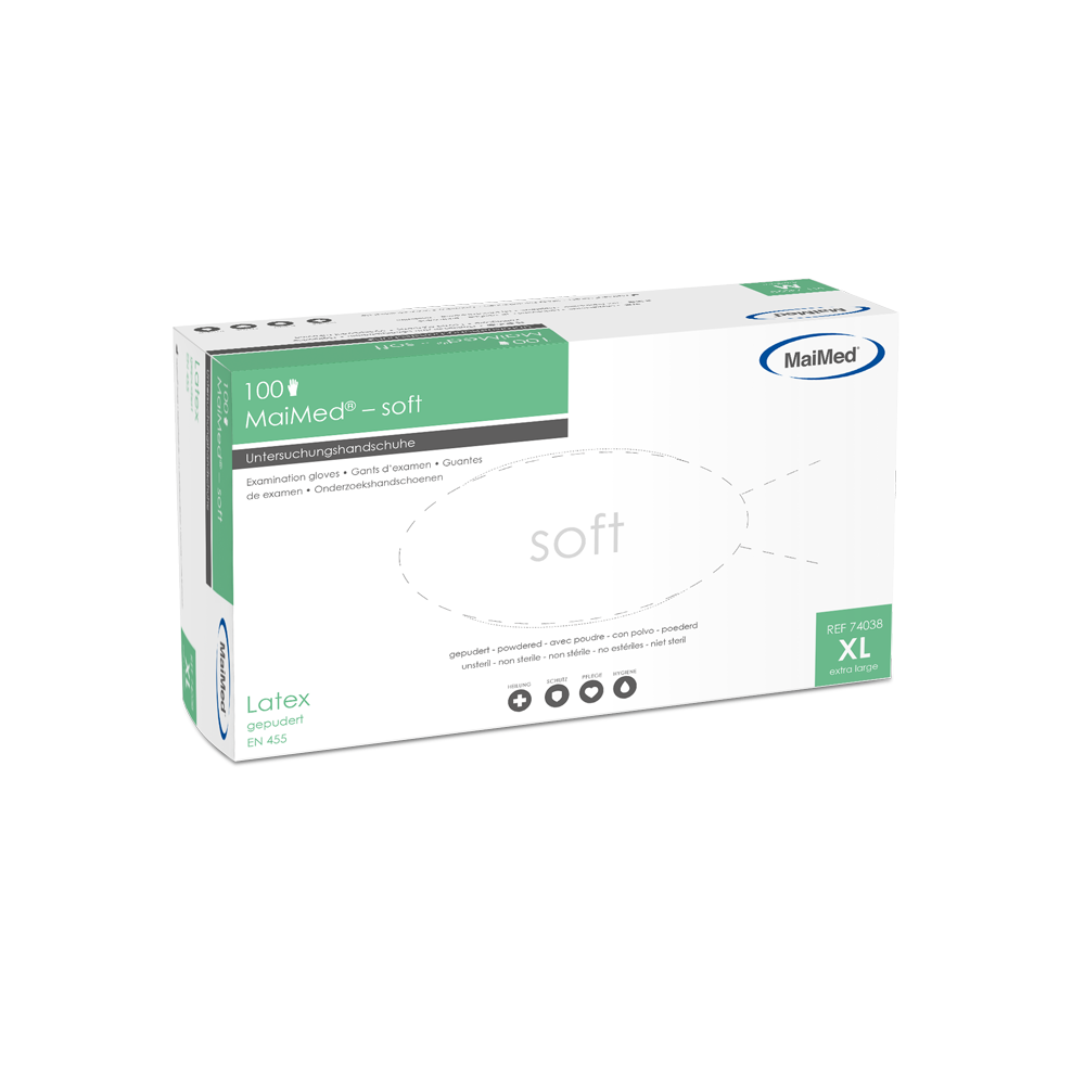 Gants d'examen MaiMed-soft en latex, non stériles, poudrés, 100 pièces/boîte
